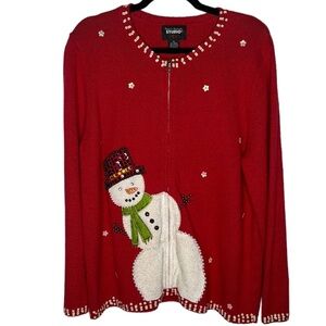 Vintage Snowman Red Christmas Zip-up Long Sleeve Cardigan Sweater | Size: XL